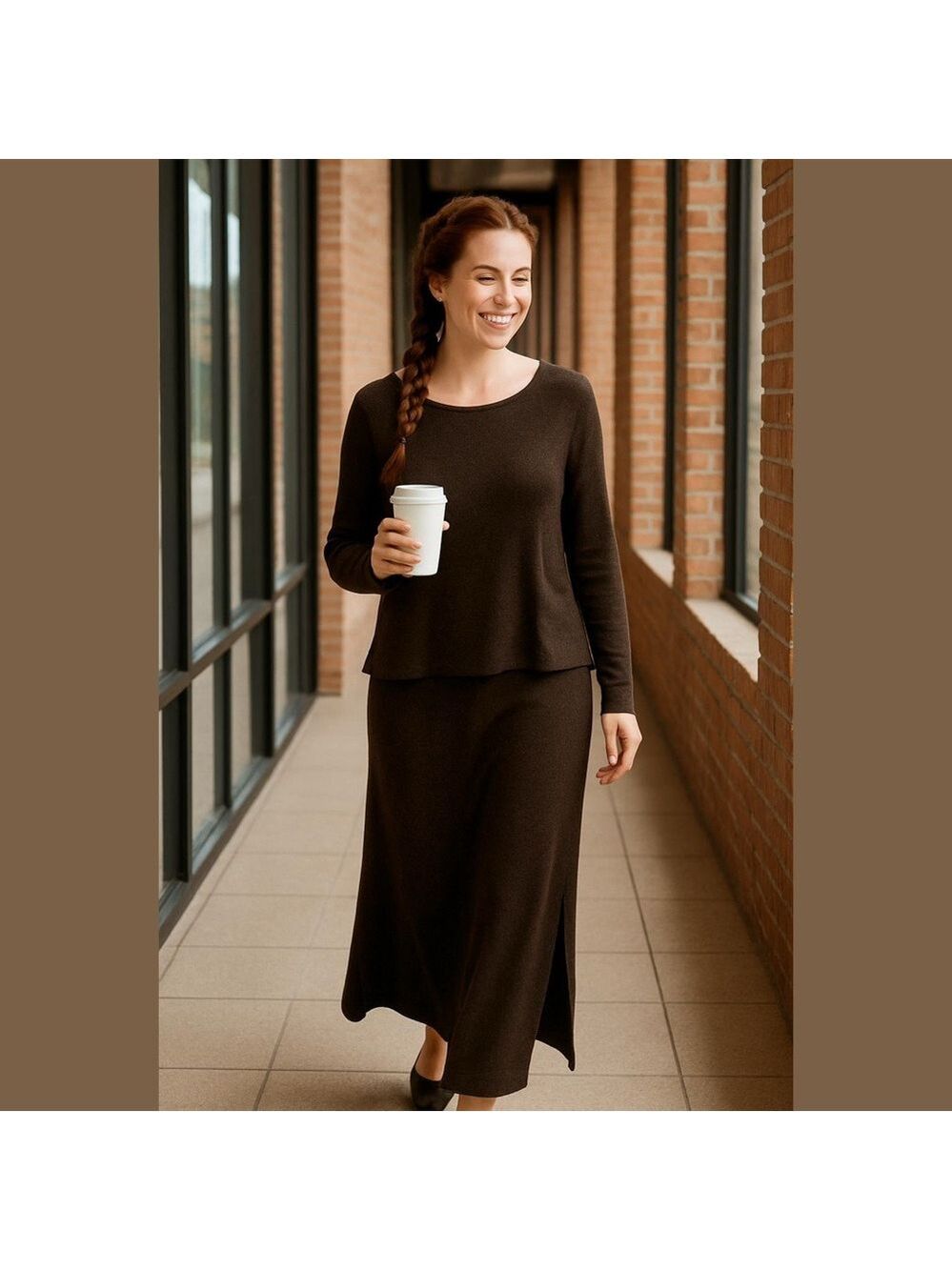 90s HOLTE BROWN HEATHER KNIT MAXI DRESS W ATTACHED LONG SLEEVE OVER TOP SZ L